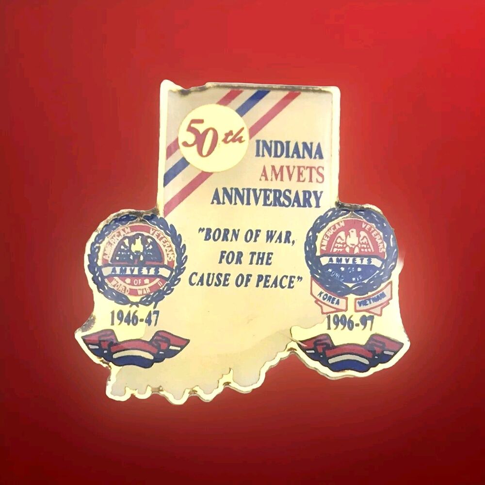 AMVETS Indiana 50th Anniversary Pin Gold Tone Enamel USA Veteran